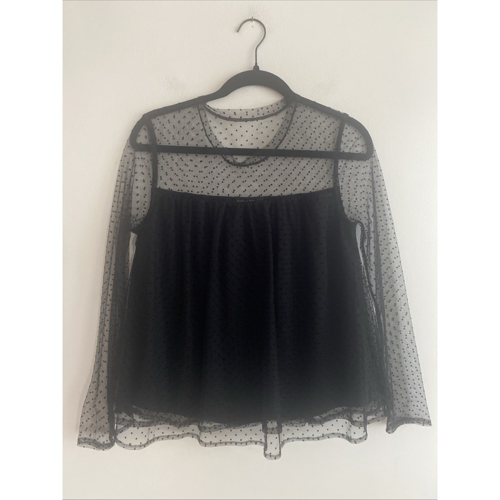 Banana Republic Double Layer Tiered Tulle Mesh A-Line Polka Dot Top Black Sz XS